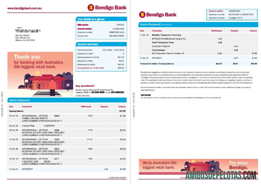 Exemplo de extrato bancário da Austrália Bendigo